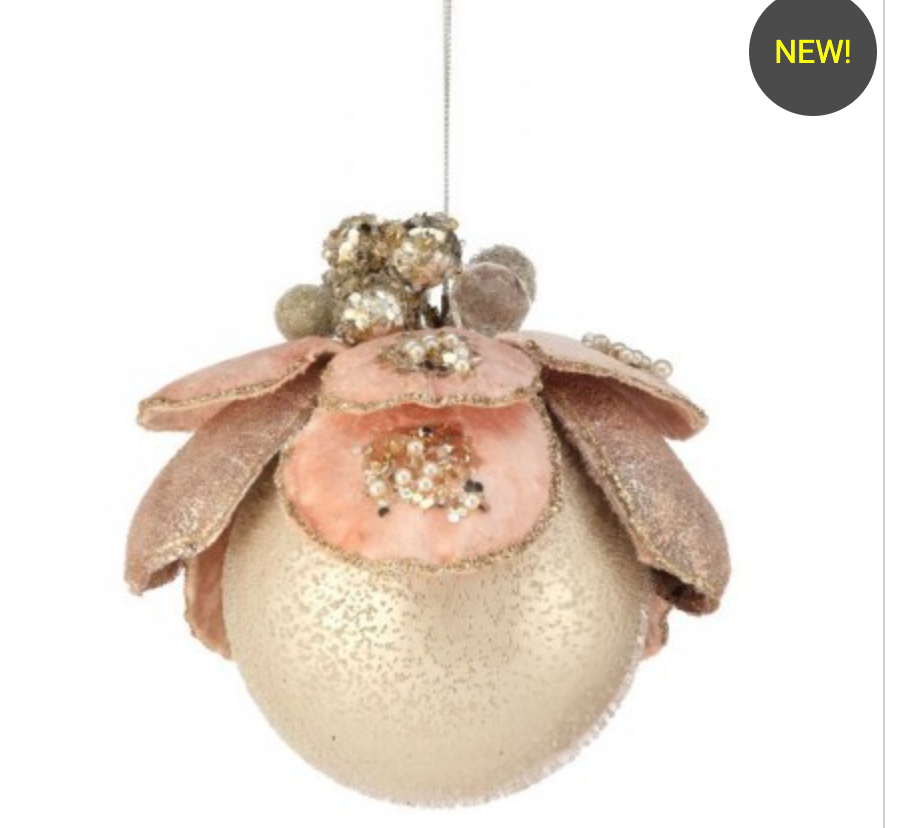PRE ORDER - 4" VELVET/JEWEL BALL W/MAGNOLIA ORNAMENT SKU: MTX74877
