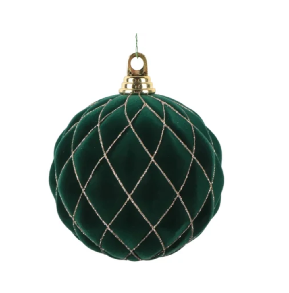 Green Velvet ornament with diamond pleats detailed with fine glitter