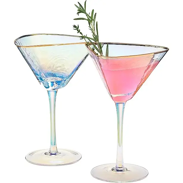 Iridescent Hammered Martini Glasses - Set of 2 Gold Rim 8oz
