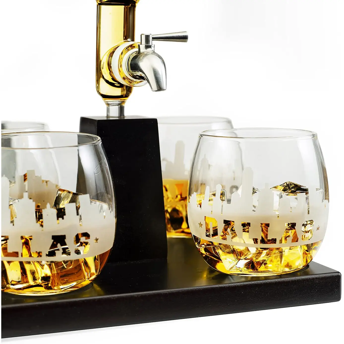 Dallas City Skyline Decanter Dispenser w/ 4 Whiskey Glasses