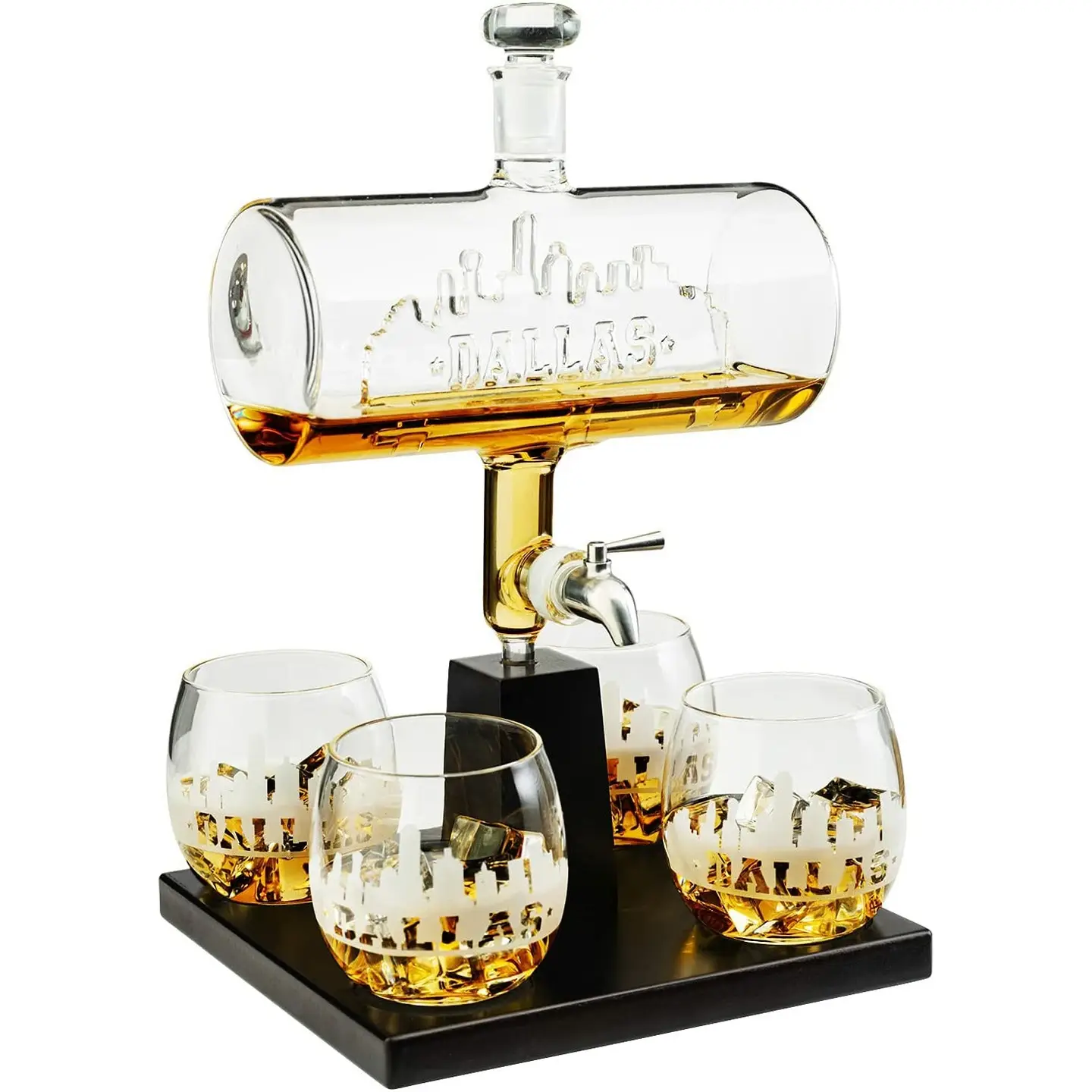 Dallas City Skyline Decanter Dispenser w/ 4 Whiskey Glasses