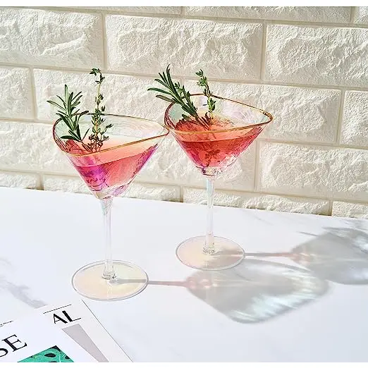 Iridescent Hammered Martini Glasses - Set of 2 Gold Rim 8oz