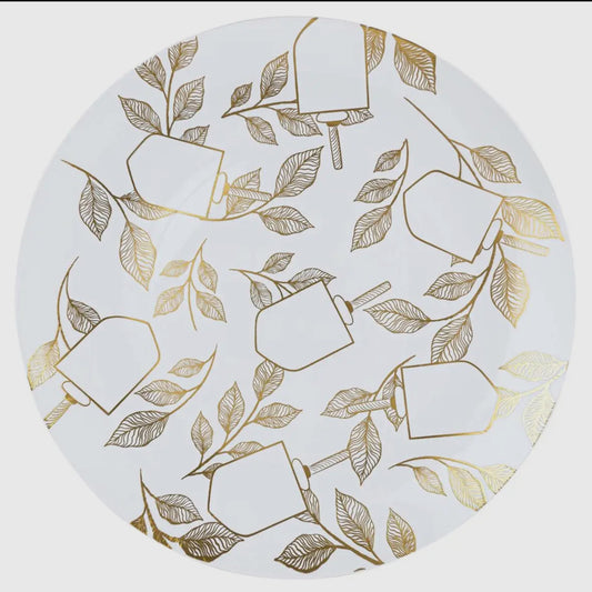 10psc. - 10.25 Disposable Hanukkah Dinner Plates. White/Gold