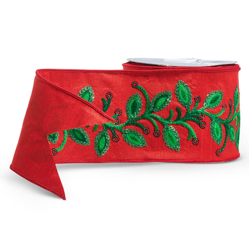 4" X 10 YDS RED RIBBON WITH FLORAL SEQUIN EMBELLISHMENTS