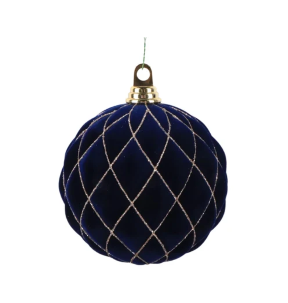 Navy - Velvet ornament with diamond pleats detailed with fine glitter