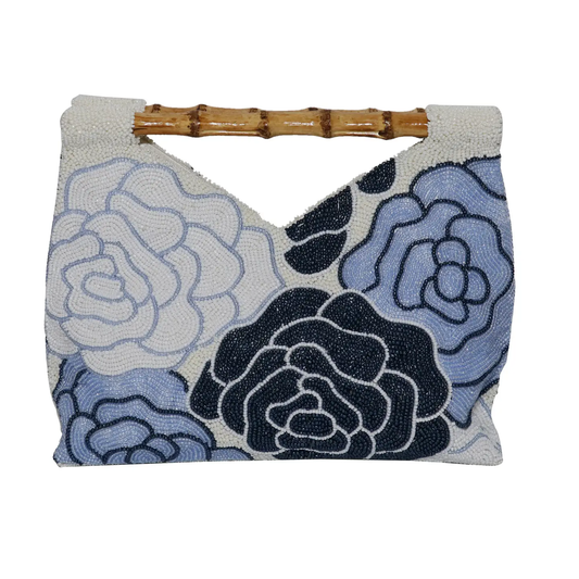Tiana - Roses in Blue Cut-Out Bamboo Handle Bag