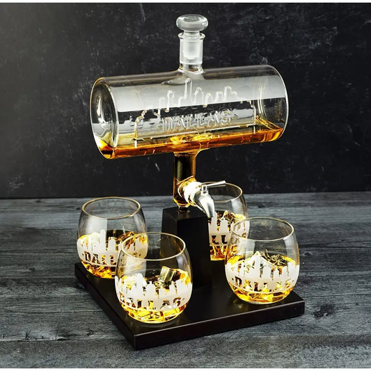 Dallas City Skyline Decanter Dispenser w/ 4 Whiskey Glasses