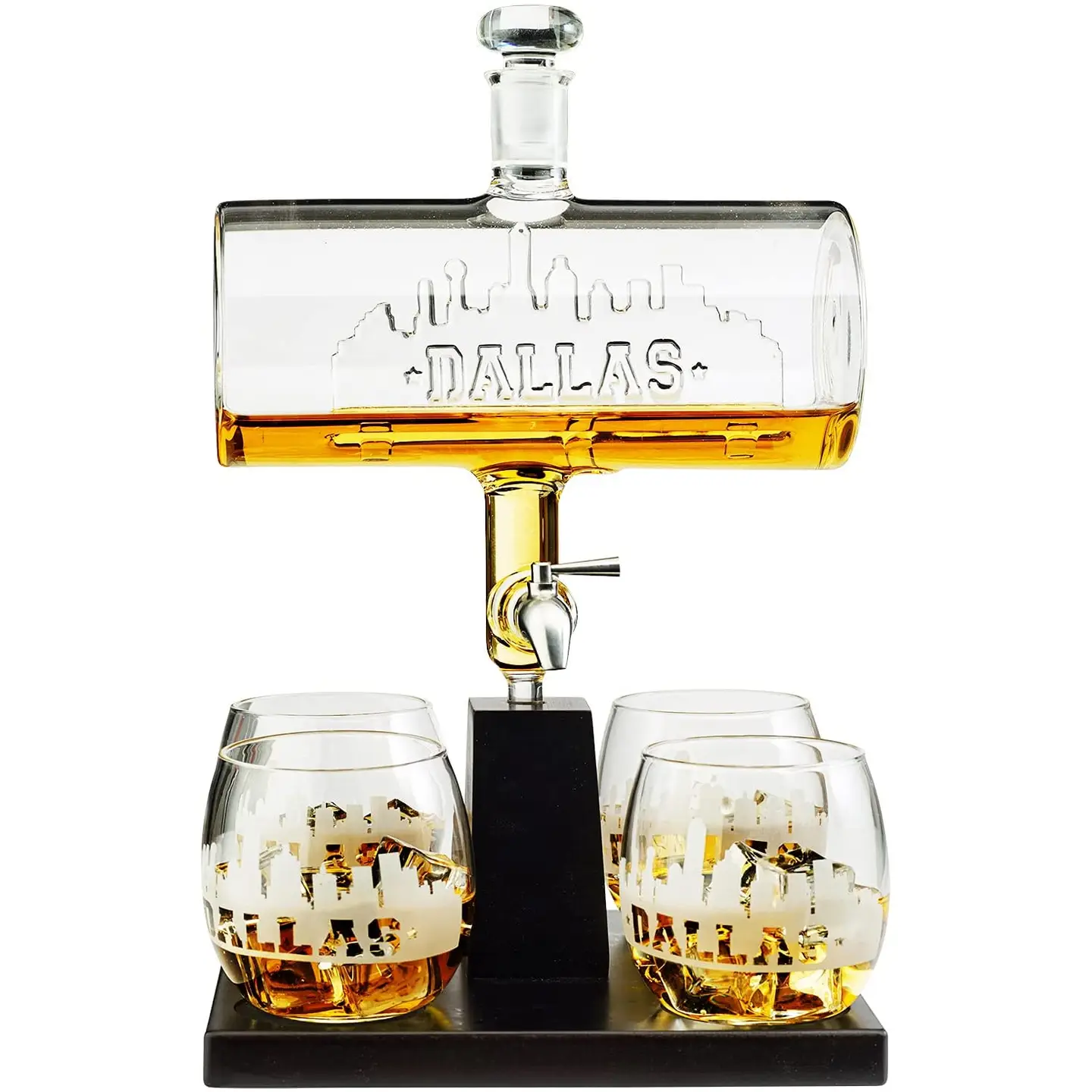 Dallas City Skyline Decanter Dispenser w/ 4 Whiskey Glasses