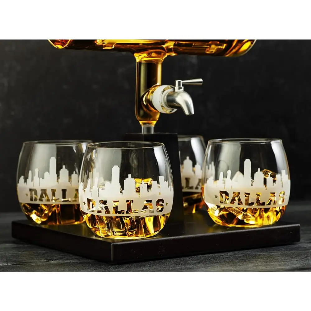 Dallas City Skyline Decanter Dispenser w/ 4 Whiskey Glasses